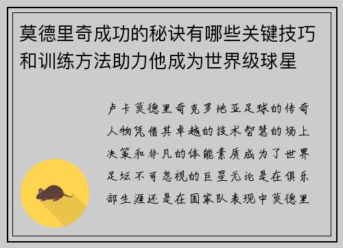 莫德里奇成功的秘诀有哪些关键技巧和训练方法助力他成为世界级球星