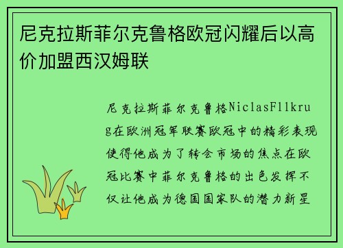 尼克拉斯菲尔克鲁格欧冠闪耀后以高价加盟西汉姆联