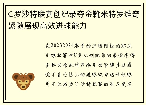 C罗沙特联赛创纪录夺金靴米特罗维奇紧随展现高效进球能力