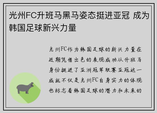 光州FC升班马黑马姿态挺进亚冠 成为韩国足球新兴力量